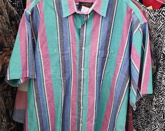 Mystery 90's Vintage Style Short Sleeve Shirt  | Button Down | Stripe | Brush Popper | Dad | Patterned | Denim | Pearl Snap| Funky Colors