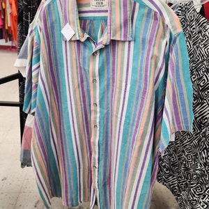 Mystery 90's Vintage Style Short Sleeve Shirt Button Down Stripe Brush Popper Dad Patterned Denim Pearl Snap Funky Colors image 2