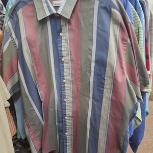 Mystery 90's Vintage Style Short Sleeve Shirt Button Down Stripe Brush Popper Dad Patterned Denim Pearl Snap Funky Colors image 3