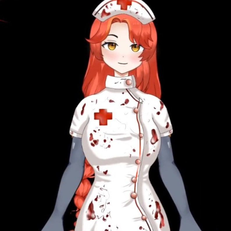 May include: An illustration of a cartoon nurse with red hair and yellow eyes. She wears a white uniform with a red cross and blood splatters. The nurse's cap also has a red cross.