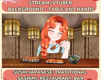 Peut inclure: Illustration numérique d'une scène de restaurant de sushis. Un personnage de dessin animé aux cheveux roux tient des sushis avec des baguettes. Sushis, sashimis et soupe miso sont sur la table. Le texte indique "STREAM/VTUBER BACKGROUND + TABLE AND HANDS" et "SUSHI JAPANESE, TRADITIONAL SASHIMI, RESTAURANT, BAR."