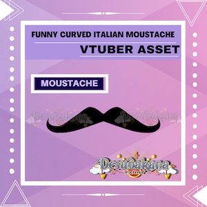 May include: A black mustache with a curved shape, designed for use as a virtual streamer asset. The text "FUNNY CURVED ITALIAN MOUSTACHE VTUBER ASSET" and "MOUSTACHE" are also visible in the image.