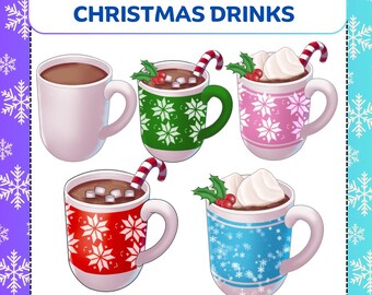 May include: Four mugs of hot chocolate with marshmallows and candy canes. The mugs are decorated with Christmas patterns in red, green, pink, and blue.