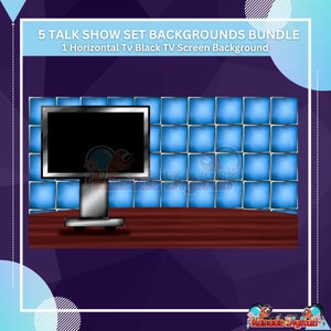 May include: A black TV screen on a silver stand in front of a blue tiled wall. The TV screen is on a wooden table. The text "5 TALK SHOW SET BACKGROUNDS BUNDLE" and "1 Horizontal Tv Black TV Screen Background" is at the top of the image.