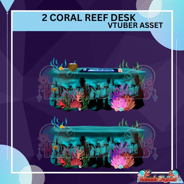 Coral Reef Desk with Keyboard, Drink and Without, Vtuber Asset | Sea Shells Hydro Aquatic Ocean Table, Desk|Live2D, Props, Accessory, Twitch