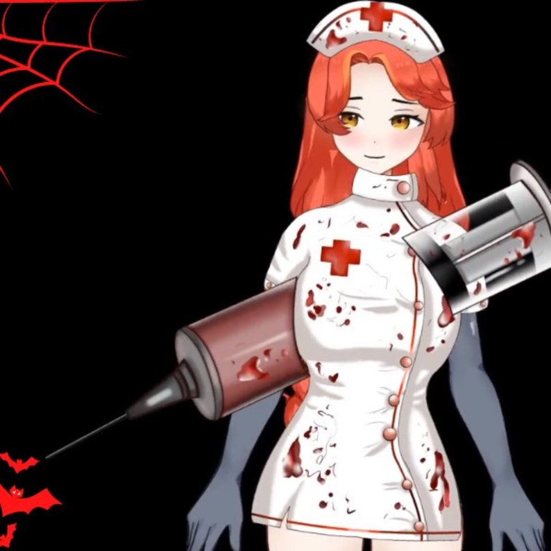 May include: Illustration of a nurse in a white uniform with a red cross, a matching cap, and red hair. The nurse is holding a large syringe filled with a red liquid. The image has a Halloween theme with bats and a spider web.