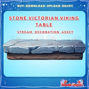 以下が含まれることがあります： 木製の土台が付いた石のテーブル。テーブルはストリームの装飾資産です。テーブルの上に「STONE VICTORIAN VIKING TABLE」というテキストがあります。テーブルの下に「STREAM DECORATION ASSET」というテキストがあります。画像の上部に「BUY-DOWNLOAD-UPLOAD-ENJOY」というテキストがあります。画像の下部に「Kanade Digitals」というテキストがあります。