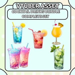 May include: A set of five illustrated cocktail drinks, including a blue drink with a lemon wedge, a pink drink with a strawberry and lemon slice, a yellow drink with a cherry and pineapple, a blue and pink layered drink with glitter, and a green drink with mint and lime.