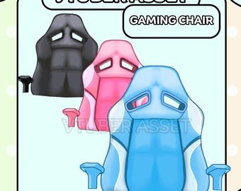 May include: Three gaming chairs in black, pink, and blue. The chairs have a racing style design with white accents. The text "VTUBER ASSET GAMING CHAIR" is at the top of the image.