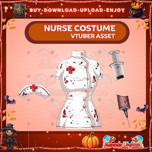 May include: A digital illustration of a nurse costume, including a white dress with red cross and blood splatter, a nurse's cap, and two syringes. The text reads "NURSE COSTUME VTUBER ASSET".