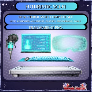 May include: A futuristic sci-fi themed virtual streamer desk set with a monitor, keyboard, mouse, microphone, glasses, and table. The set is rendered in a transparent PNG format.