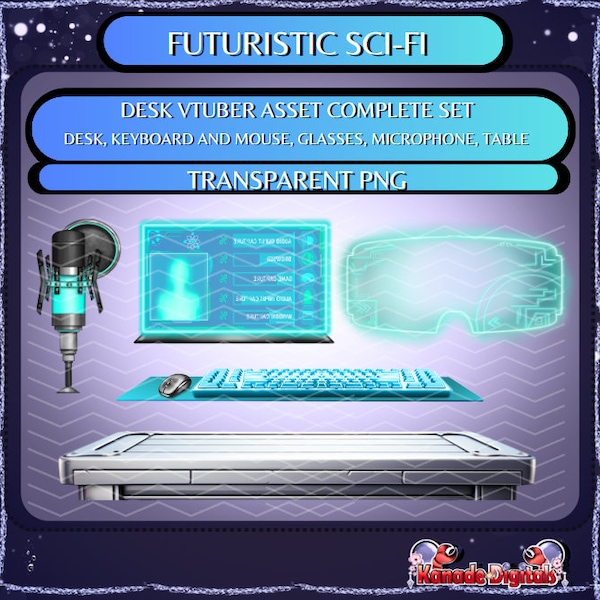 Futuristic Sci-Fi Table Desk Package |1 Table, 1 Free Keyboard with mouse, 1 Microphone, 1 screen and 1 glasses |Live2D, Props, Twitch