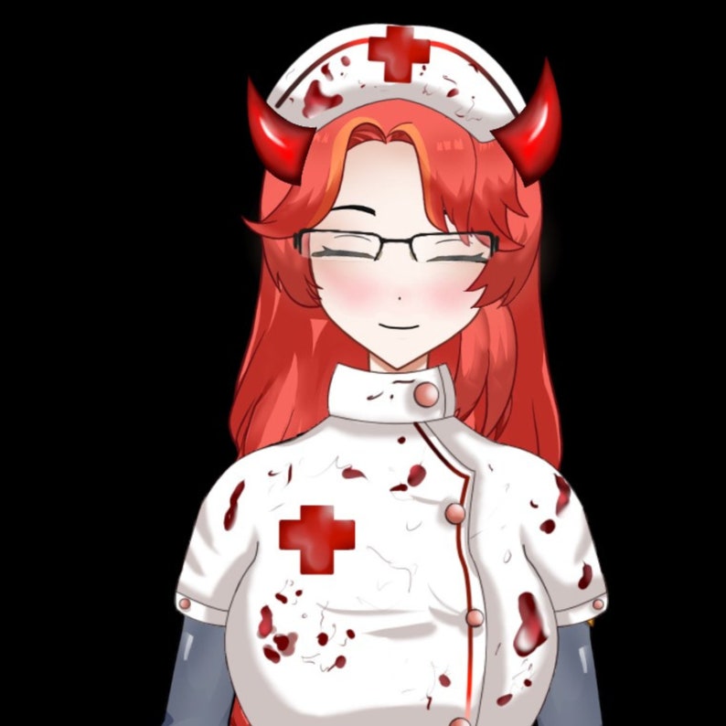 May include: An illustration of a smiling character with red hair, glasses, and red horns, dressed in a white nurse's uniform with a red cross and blood-like splatters. The background is black.
