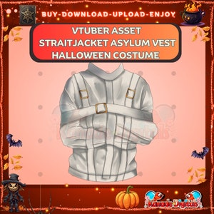 Könnte beinhalten: Weißer Zwangsjacken-Kostüm-Weste mit Gürtel und Riemen. Die Weste ist für ein Halloween-Kostüm konzipiert. Der Text "VTUBER ASSET STRAITJACKET ASYLUM VEST HALLOWEEN COSTUME" befindet sich oben im Bild. Der Text "Kanade Digitals" befindet sich unten im Bild.