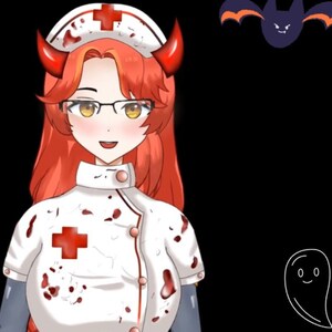 May include: Illustration of a character in a nurse's uniform with red horns and hair, wearing glasses. The nurse's uniform has a red cross and blood splatters. A bat and ghost are in the background.