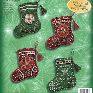 Bucilla Holiday Elegance Felt Applique Christmas Ornament Kit 84307 ~ 4 Elegant Little Stockings, Trimmed with Pearls, Gold Beads & Braid