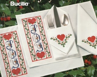 Bucilla "Joy" Christmas Placemats AND Napkins Stamped Cross Stitch Kit 33208 - Four Sets! Complete Retired Kit, Beautiful Condition