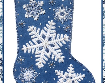 Handmade: Shimmering Snowflakes ~ Sparkling, Icy White Crystals & Snow in a Blue Winter Sky ~ Completed Bucilla Felt Christmas Stocking 18"