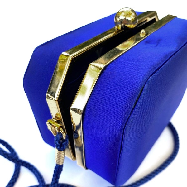 Royal Blue Satin Boxy Purse / Makeup Bag with Shoulder Cord and Gold Trim, Clasp - Cute Vintage Accessory  5 1/2" x 3 1/2" x 2 1/2"