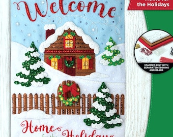 Bucilla Home for the Holidays Felt Applique Christmas Wall Hanging Decor Kit 89579 ~ A Welcoming Gingerbread Chalet House in the Snow ~ New