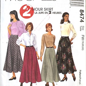May include: McCall's 8474 sewing pattern envelope for a 2 Hour Skirt in sizes 18, 20, and 22. The cover features illustrations of four skirt variations: a black and white chevron striped skirt, a solid maroon skirt, a solid light green skirt, and a black floral print skirt.