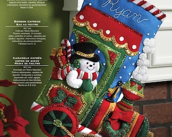 Bucilla "Candy Express" Felt Applique Christmas Stocking Kit 86147, 18" ~ Snowman Conductor Transports a Train Full of Candy and Toys ~ New