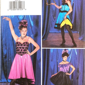 May include: Butterick sewing pattern 3553 for costumes in sizes 6, 8, and 10. The envelope displays three variations of dresses featuring bodices with black lace overlays, full skirts, and off-the-shoulder or spaghetti strap necklines.