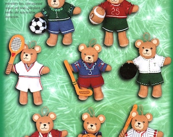 Bucilla "Sports Bears" Felt Applique Tree Ornament Kit 84075 ~ Stitch 8 Teddy Bears at Baseball, Soccer, Football, Basketball, Tennis & Golf
