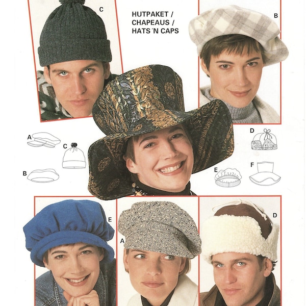 Burda 3904 Hats n Caps Sewing Pattern, Make 6 Assorted Hats: Beret, Lumberjack, Soft Hat, Stocking & Visored Cap, Floppy Brim Cloche, Uncut