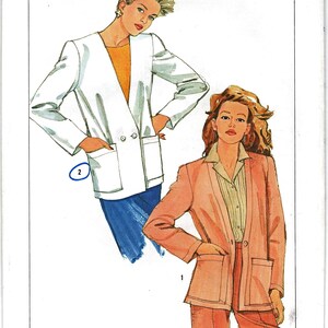 May include: Simplicity pattern 6746. Illustration of two women wearing blazers. One is white with a double-breasted design, the other is a peach-colored blazer. The pattern includes sizes 14 and Eur 42. The text "PATTERN/PATRON" is at the bottom.