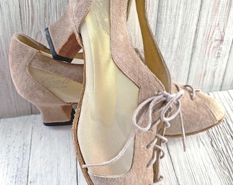 Coast "Rita" Taupe Ballroom Dance Shoes ~ Lightweight, Mesh Sides, Lacing Ties, 1.5" Cuban Heels, Suede Soles ~ 6M (EU 36) ~ Barely Worn