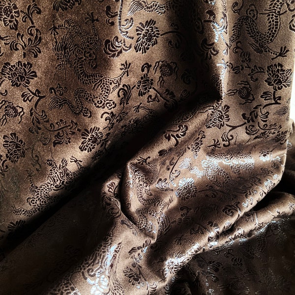 2 Yds Embossed Chocolate Brown Faux Suede Fabric, Satin-Like Dark Brown Dragon Design - Make a Buttoned Top, Pants, Pillow, etc. 58" Wide