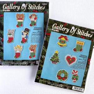 2 Bucilla Ornament Kits: &quot;Stockings&quot; Kit 33405 & &quot;Seasonal Ornaments&quot; 33043 ~ Makes 12 Counted Cross Stitch Ornaments, About 2&quot; - 2.5&quot; High