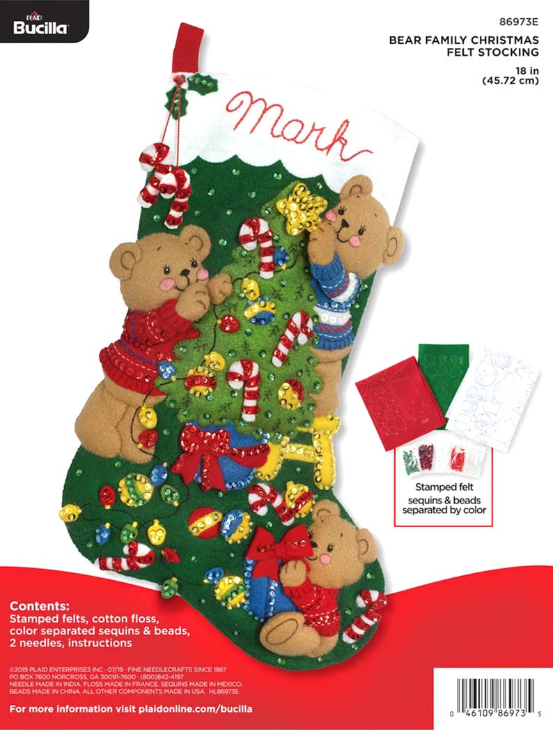 Bucilla Felt Applique 18" Stocking Making Kit, A Bear-y Merry Christmas, Perfect For Holiday DIY Needlepoint Arts And Crafts, 89597E