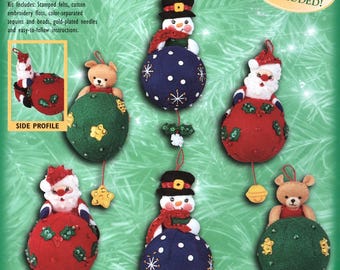 Bucilla "Tree Trimmers" Felt Applique Tree Ornament Kit 84078 ~ Stitch 6 Creative, Dangling Ornaments of Teddy Bears, Santa and Snowmen