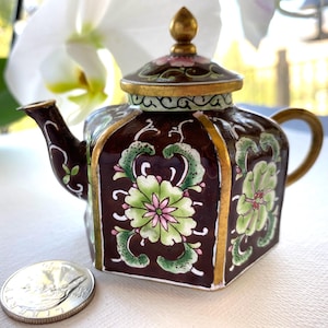Miniature Vintage Handpainted Asian Teapot with Lid ~ Hexagonal (6 Sided) Brown, Pink, Green, Gold ~ About 3&quot; Tall ~ from 1950&#39;s or Earlier