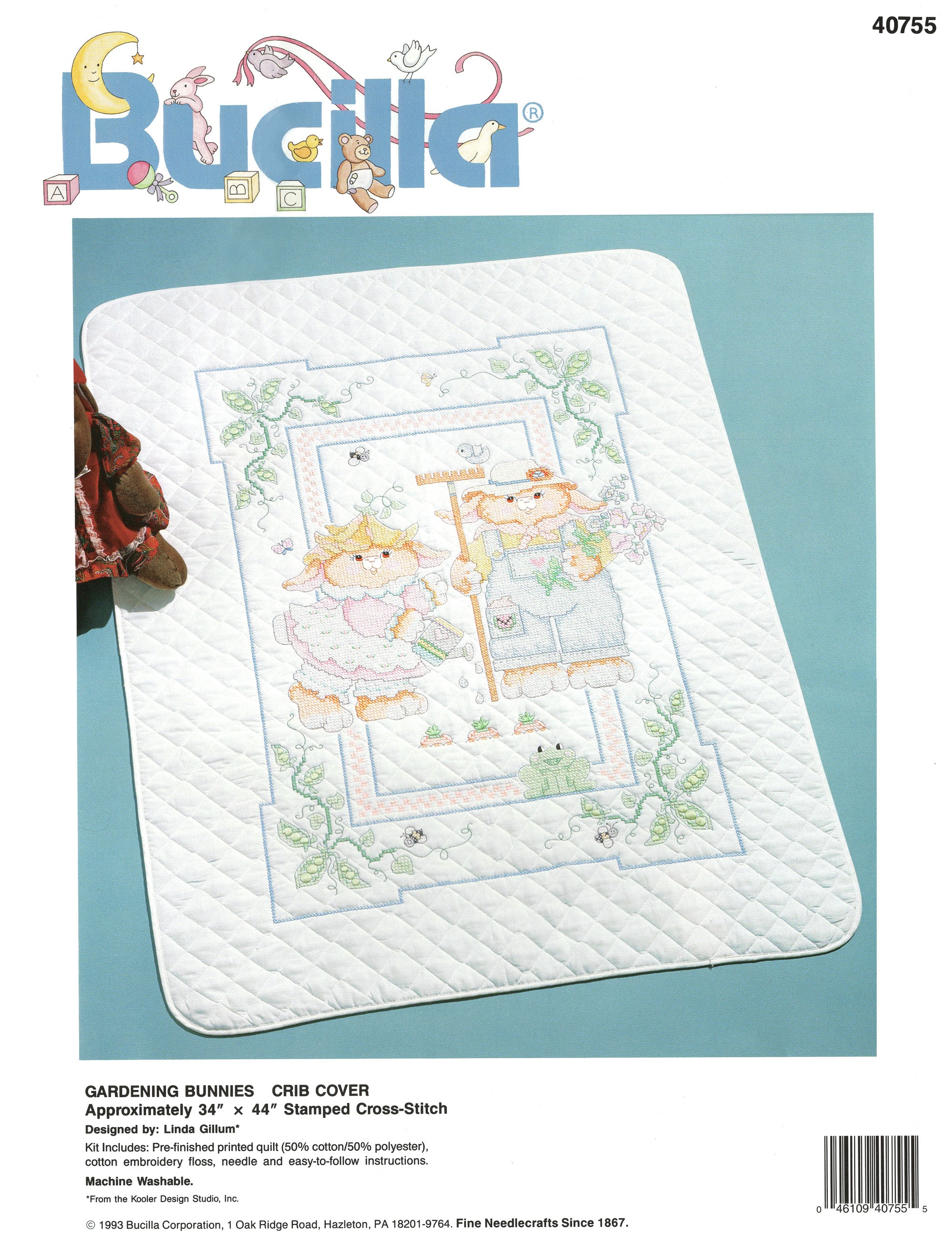 Bucilla gardening Bunnies Stamped Cross Stitch Crib Cover Kit 40755 34 X 43  Pre-quilted Just Embroider and Give to the New Baby 