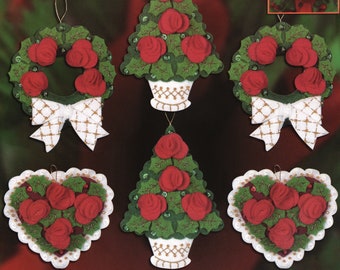 Bucilla "Rose Tree" Felt Applique Ornament Kit 84938, Make 6 Lovely Rose-Adorned Tree Ornaments