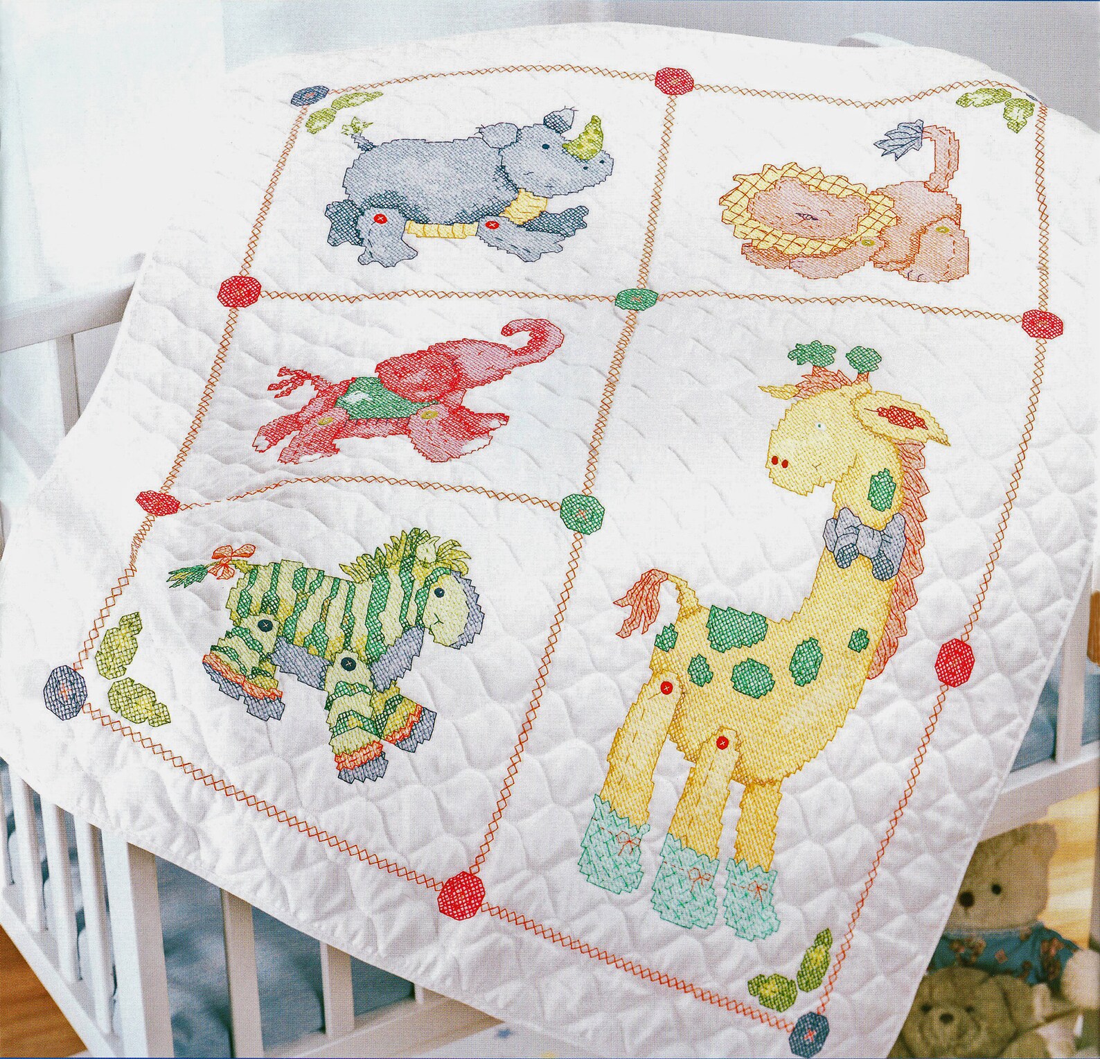 Bucilla jungle Babies Stamped Cross Stitch Crib Cover Kit 43224, 34 X