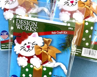Kitten in a Box Felt Applique Ornament Kit, 3x4" ~ Design Works #583 ~ Cute White Kitty in Polka-Dot Box & Big Yellow Ribbon Bow ~ Lot of 3