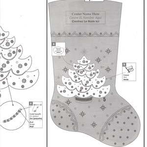 May include: A gray Christmas stocking with a white Christmas tree design, snowflakes, and dotted patterns. The stocking has the text "Center Name Here" and "5" on it. The image also includes instructions for attaching the stocking.