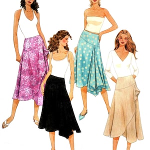 May include: Illustration of four skirts in different styles and colors. One is black, another is light pink with a floral pattern, a third is light blue with white polka dots, and the last is beige. Each skirt is paired with a white top.
