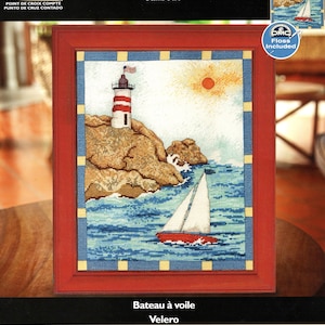 Bucilla "Sailboat" Counted Cross Stitch Picture Kit 45955 ~ Ocean Mariner Theme with Lighthouse on a Rocky Point ~ 10" x 13"