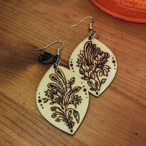 Handmade Individually Unique Wood Burned Floral Leaf Earrings – Lightweight Boho Jewelry, Nature-Inspired Gift for Her