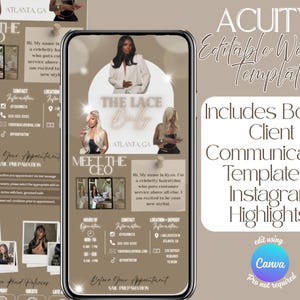 May include: A digital template for a website, featuring a design for a celebrity hairstylist. The design includes the text "The Lace Body" and "Meet the CEO", along with contact information and Instagram highlights. The template is editable using Canva.