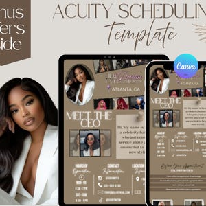 Könnte beinhalten: Eine digitale Vorlage für Acuity Scheduling mit einer Frau in einem weißen Blazer. Die Vorlage enthält den Text "Bonus Offers Inside" und "Meet the CEO". Das Design ist in Braun- und Beigetönen gehalten, mit einem Canva-Logo.