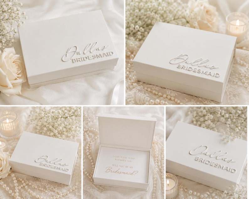 May include: A white rectangular gift box with a hinged lid featuring the name Dallas and the word BRIDESMAID in raised lettering on the top. The interior of the open box displays the text I CAN'T SAY I DO WITHOUT YOU WILL YOU BE MY Bridesmaid?