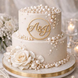 Pode incluir: Um bolo de casamento de dois andares com glacê branco, adornado com pérolas comestíveis e um monograma dourado. O bolo apresenta uma grande rosa branca e detalhes decorativos. A base é adornada com uma faixa dourada, criando um design elegante.