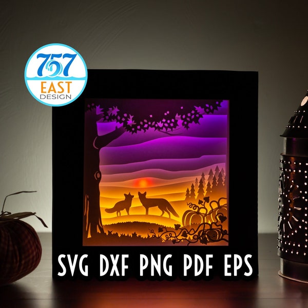 Fall Fox Shadow Box SVG, Autumn Sunset, Pumpkins, Sunrise, Fall vibes, Paper Cut Light Box, 3D Shadow Box Template