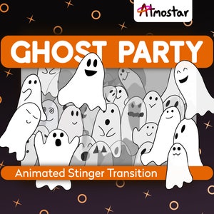 A spooky animated stinger transition for live streams and videos that swarms the screen with a party of cute ghosts, who then fade away to reveal the new scene.